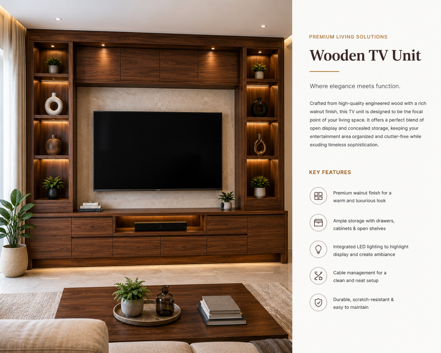 Walnut finish wooden TV unit with backlit display shelving